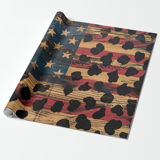 Papel De Presente Bandeira Americana Rústica com Estampa de Leopardo (Desenrolado)