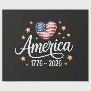 Papel De Presente Bandeira Bonita Coração 1776-2026 4 de Julho 250º
