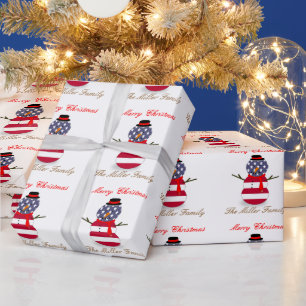 Papel De Presente Bandeira Patriótica dos EUA de Snowman de Natal P