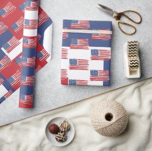 Papel De Presente Bandeiras Americanas em Branco Vermelho e Azul