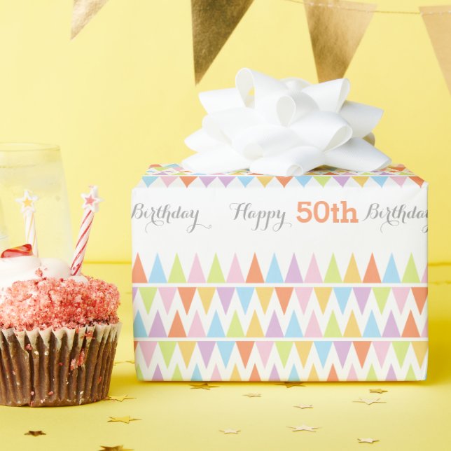 Papel De Presente Bandeiras de bunting brancas de aniversário de 50  (Festa de aniversário)