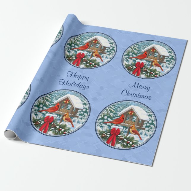 Papel De Presente Banquete de Natal dos Cardinals Azul (Desenrolado)