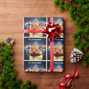 Papel De Presente Barco de Natal Com Luzes De Ouro