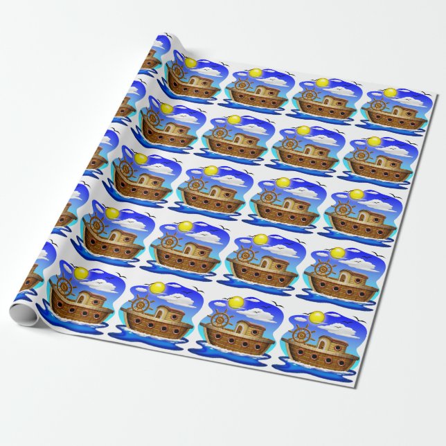 Papel De Presente Barco de Pesca Cartoon  (Desenrolado)