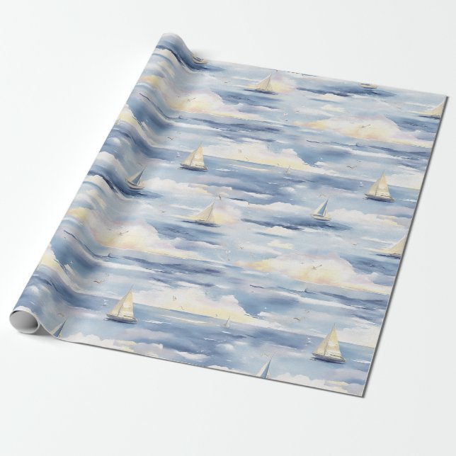 Papel De Presente Barcos à Vela Sonhadores Padrão Aquarela Oceano (1 (Desenrolado)