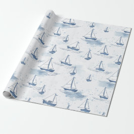 Papel De Presente Barcos de Navegação Brancos Serene Azul no Padrão 