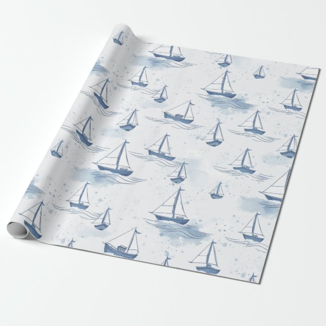 Papel De Presente Barcos de Navegação Brancos Serene Azul no Padrão  (Desenrolado)
