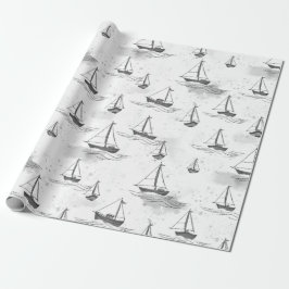 Papel De Presente Barcos de Navegação Brancos Serene Pretos no Padrã