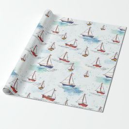 Papel De Presente Barcos de Navegação Vermelha Serene Azul no Padrão