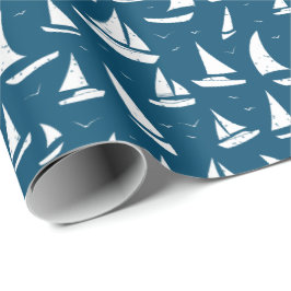 Papel De Presente Barcos Navegantes Náuticos - Branco Azul