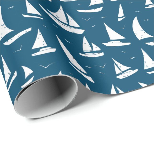 Papel De Presente Barcos Navegantes Náuticos - Branco Azul (Ponta do rolo)