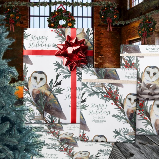 Papel De Presente Barn Owl Na Floresta Acrescenta Nome Feriados Feli (Barn Owl In The Woods Add Name Happy Holidays Christmas Wrapping Paper Rolls)