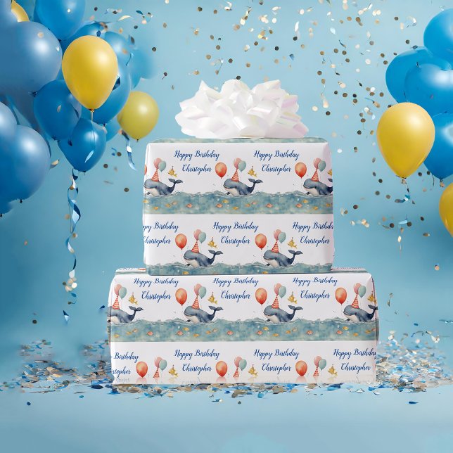 Papel De Presente Barquinhos de baleia brancos personalizados Aniver (Criador carregado)
