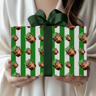 Papel De Presente Barril de Trevo Listrado Verde Floresta Vintage