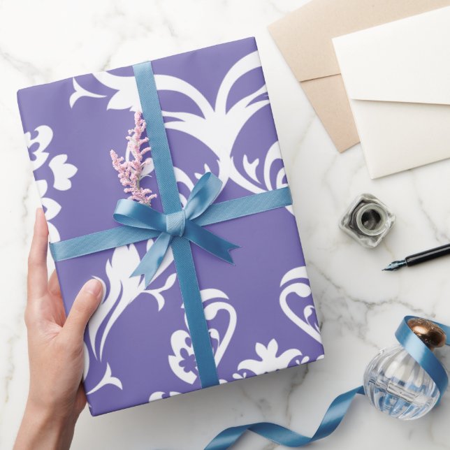 Papel De Presente Barroco Branco Damáscaras Púrpura Fundo Personaliz (Presentear)