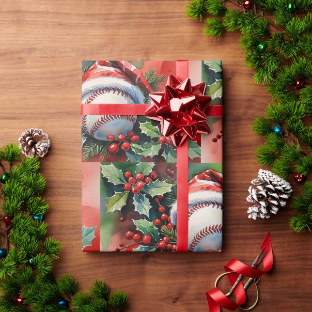 Papel De Presente Baseball Christmas themed with Santa Hat  (Presente de Natal)