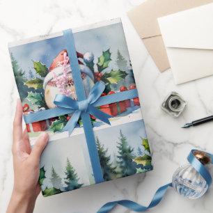 Papel De Presente Baseball Natal temático com chapéu de Papai Noel