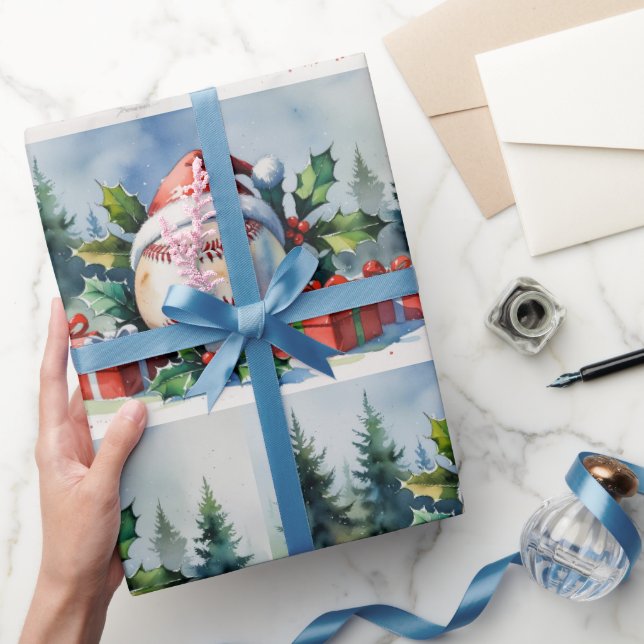 Papel De Presente Baseball Natal temático com chapéu de Papai Noel (Presentear)
