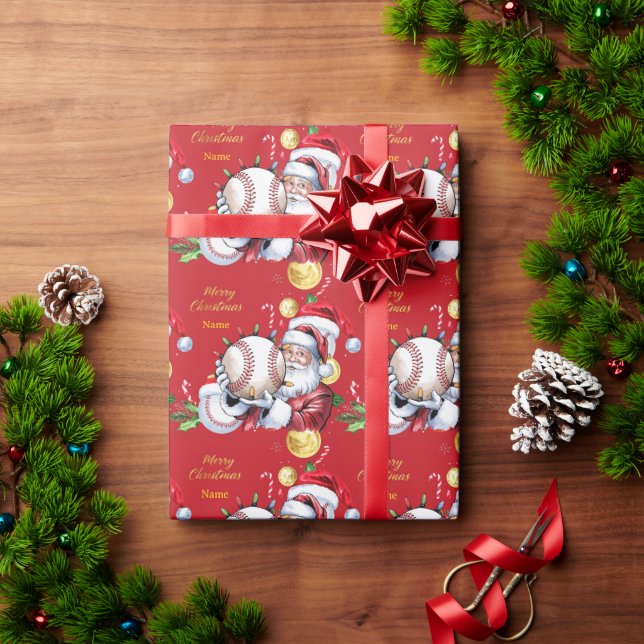 Papel De Presente Basebol de Natal com Chapéu de Papai Noel  (Presente de Natal)