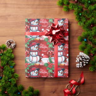 Papel De Presente Basebol de Natal com chapéu de Papai Noel