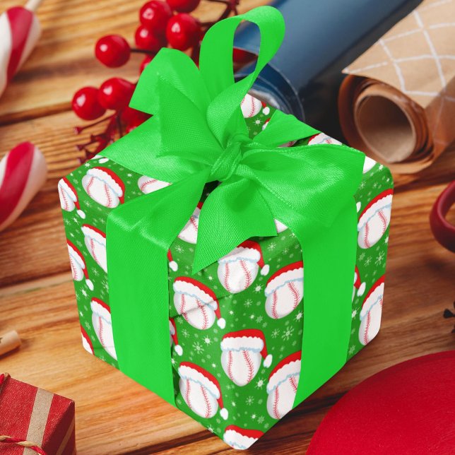 Papel De Presente Basebol Usando Chapéu do Papai Noel & Flocos de Ne (Criador carregado)