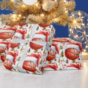 Papel De Presente Basquete com chapéu de Papai Noel no Natal