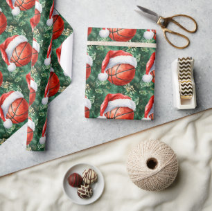 Papel De Presente Basquete com chapéu de Papai Noel no Natal