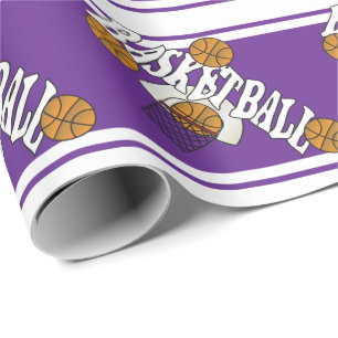 Papel De Presente Basquete com fundo roxo e branco