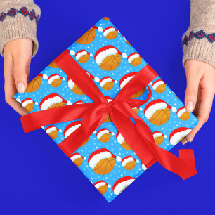 Papel De Presente Basquetebol Vestindo Chapéu de Papai Noel & Flocos