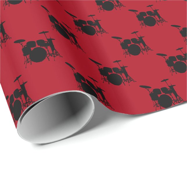 Papel De Presente Bateria Preta de Música em Vermelho Escuro (Ponta do rolo)