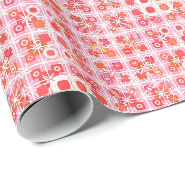 Papel De Presente Batik Tribal - morango rosa e vermelho (Ponta do rolo)