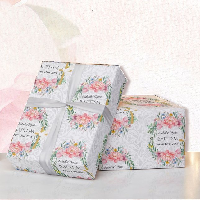 Papel De Presente Batismo Adicione Nome e Data Flores da Porta Cruza (Criador carregado)