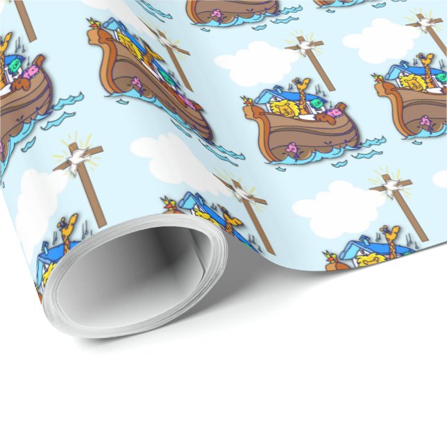 Papel De Presente Batismo da Arca de Noé, Menino Azul (Ponta do rolo)