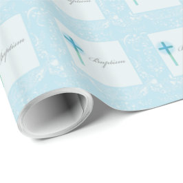 Papel De Presente Batismo do Menino com Renda Azul