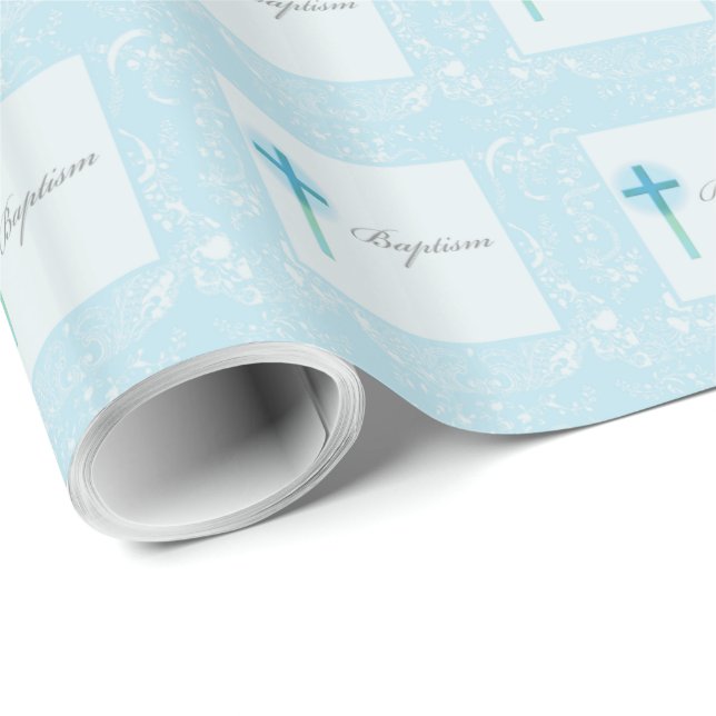 Papel De Presente Batismo do Menino com Renda Azul (Ponta do rolo)