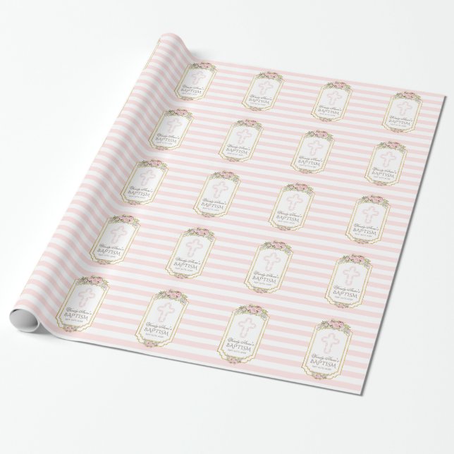 Papel De Presente Batismo Dourado Floral Monograma com tiras Rosa Es (Desenrolado)