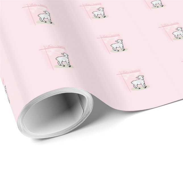Papel De Presente Batismo, Rosa, Menina, Cordeiro (Ponta do rolo)