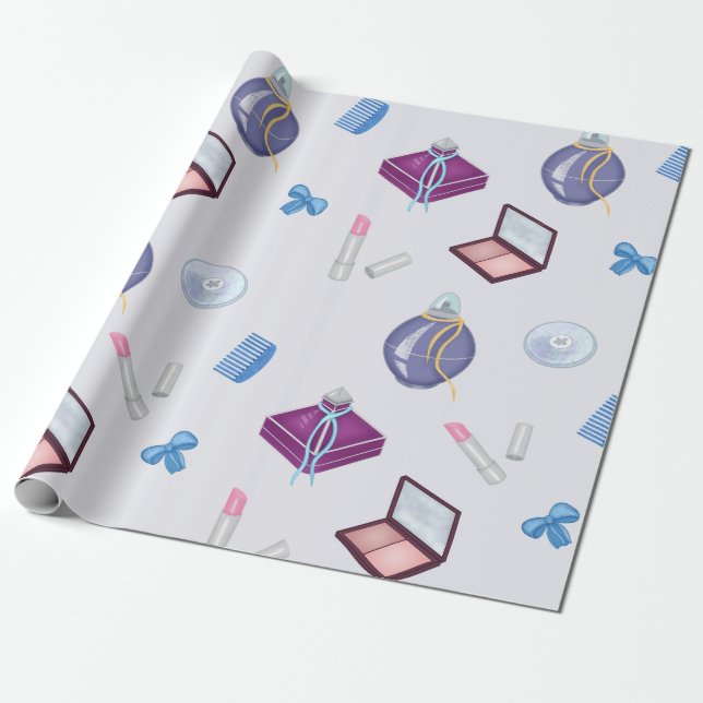 Papel De Presente Batom, pente e caixa de pó, pincel, perfume (Desenrolado)