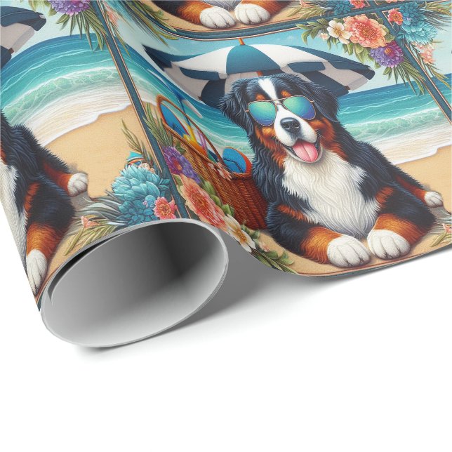 Papel De Presente Beachside Bernese Bliss: Cachorro Legal com óculos (Ponta do rolo)