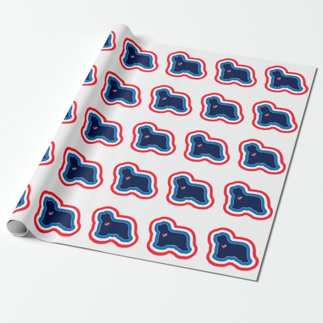 Papel De Presente Bearded Collie Estrelas Vermelho Branco e Azul 4 d (Desenrolado)