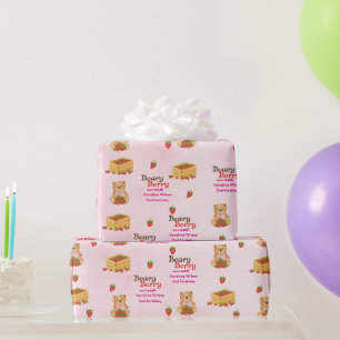 Papel De Presente Beary Berry Sweet Pink Strawberry Cub Girly