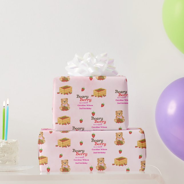 Papel De Presente Beary Berry Sweet Pink Strawberry Cub Girly (Presentes para festas)