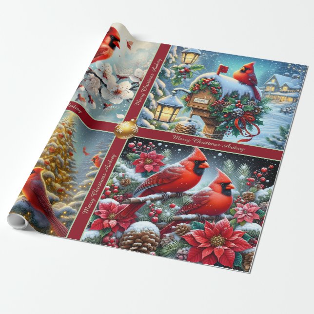 Papel De Presente Beautiful Red Winter Cardinals Wrapping Paper (Desenrolado)
