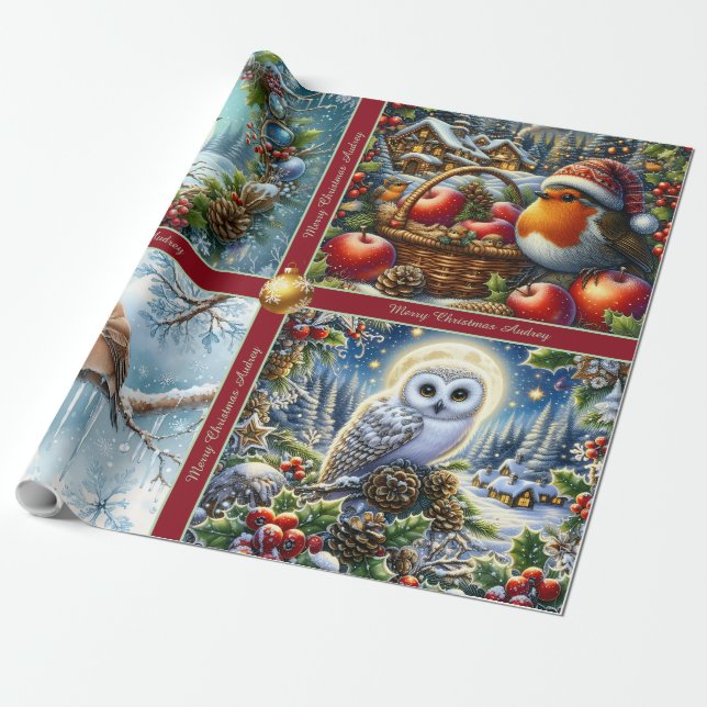 Papel De Presente Beautiful Winter Birds Christmas Wrapping Paper (Desenrolado)