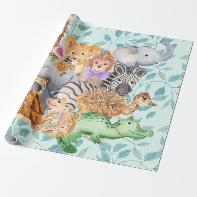 Papel De Presente Bebê, Animais Selvagens Infantis Papel de Molho Ve (Desenrolado)