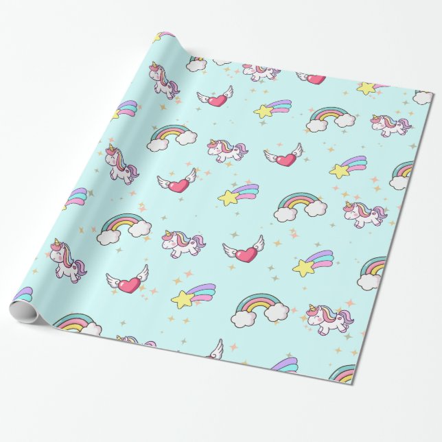 Papel De Presente Bebê Azul Fofo Arco-íris Unicórnio Estrela Mágico (Desenrolado)