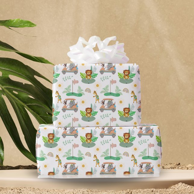 Papel De Presente Bebê Boho Elefante, Macaco, Leão Padrão de Bebê de (Boho-themed baby shower wrapping paper: Swing into wild and playful vibes!)