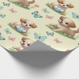 Papel De Presente Bebê com Padrão de Cachorrinhos e Borboletas