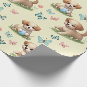 Papel De Presente Bebê com Padrão de Cachorrinhos e Borboletas