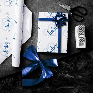Papel De Presente Bebê Coração   Chá de Script Azul-Flourish Cerulea